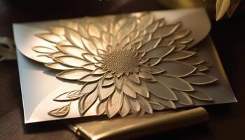 elegant Hochzeit Tabelle Dekoration mit glänzend Gold Metall Kunst Souvenir generiert durch ai foto