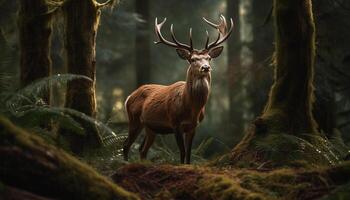 männlich Hirsch Stehen im still Herbst Wiese, umgeben durch Wildnis generiert durch ai foto