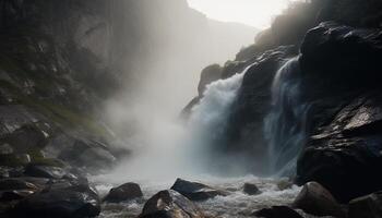 Abenteuer im majestätisch Berg Bereich, still Meereslandschaft, und fließend Wasser generiert durch ai foto