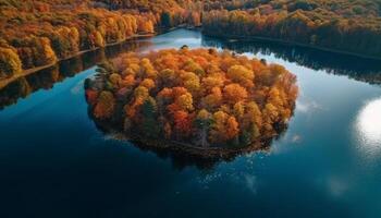 beschwingt Herbst Farben reflektieren im still Teich, umgeben durch Natur generiert durch ai foto