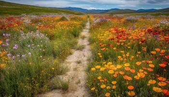 beschwingt Wildblumen blühen im still Wiese, umgeben durch Berge generiert durch ai foto