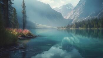 still Szene von Berg Gipfel reflektiert im Teich Blau Wasser generiert durch ai foto