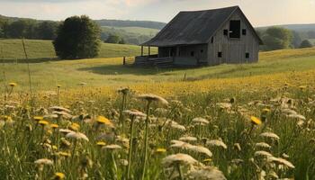 frisch Gänseblümchen blühen im still Wiese, umgeben durch Grün Wachstum generiert durch ai foto