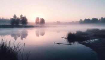 still Szene von natürlich Schönheit, Sonnenuntergang spiegelt auf Ruhe Wasser generiert durch ai foto