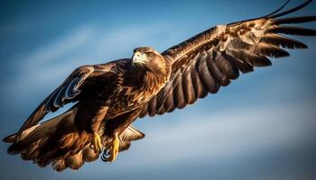 majestätisch kahl Adler fliegend mit Verbreitung Flügel im still Szene generiert durch ai foto