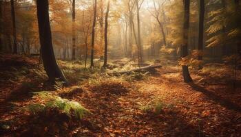 beschwingt Farben von Herbst Laub auf still Wildnis Fußweg generiert durch ai foto