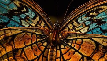 beschwingt Gelb und Blau Schmetterling Spreads Flügel im schließen oben Makro generiert durch ai foto