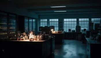 dunkel modern inländisch Zimmer mit Stahl Ausrüstung beleuchtet durch von hinten beleuchtet Fenster generiert durch ai foto