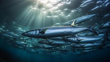 Schule von Fisch schwimmen im majestätisch unter Wasser Landschaft, Nein Menschen generiert durch ai foto
