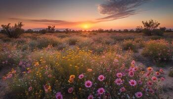 beschwingt Wildblumen blühen im still Wiese beim Dämmerung, Natur Schönheit generiert durch ai foto