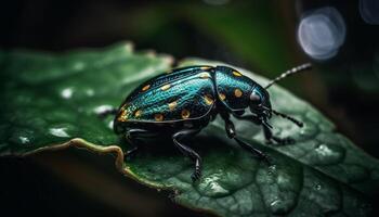 metallisch Rüsselkäfer kriecht auf nass Blatt im Wald Regen generiert durch ai foto