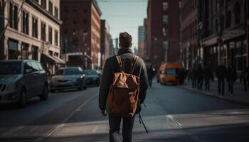 jung Erwachsene Tourist Gehen mit Rucksack im Stadt eilen Stunde generiert durch ai foto