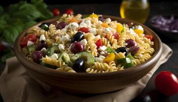 gesund Vegetarier Pasta Salat mit frisch Tomate und organisch Gemüse generiert durch ai foto