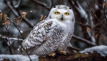 großartig gehörnt Eule sich niederlassen auf schneebedeckt Zweig, suchen beim Kamera generiert durch ai foto