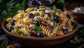 gesund hausgemacht Pasta Mahlzeit mit frisch Gemüse und schwarz Oliven generiert durch ai foto