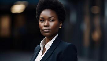 zuversichtlich jung afrikanisch amerikanisch Geschäftsfrau lächelnd draußen im modern Stadt generiert durch ai foto
