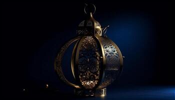 Ramadan Laterne beleuchtet mit elektrisch Lampe, Arabisch Stil Dekoration generiert durch ai foto