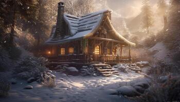 Winter Wald Landschaft Schnee bedeckt Bäume, Berg Hütte, und eisig Luft generiert durch ai foto