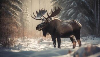 gehörnt Elch im Winter Wald, majestätisch Schönheit im Natur Ruhe generiert durch ai foto