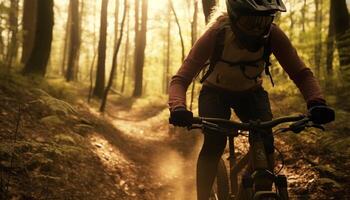 Berg Radfahren durch Wald, ein Freizeit Verfolgung zum Abenteuer Suchende generiert durch ai foto