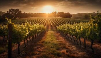 Sonnenuntergang Über Weinberg, reif Trauben zum Wein machen, organisch Landwirtschaft generiert durch ai foto