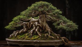 uralt Kiefer Baum steht hoch im still japanisch Garten generiert durch ai foto