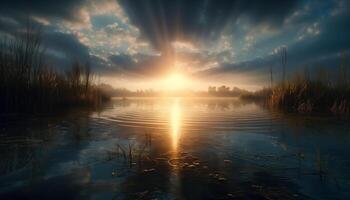 still Szene von Natur Schönheit im Sonnenuntergang Betrachtung Über Wasser generiert durch ai foto