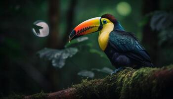 beschwingt Tukan sich niederlassen auf Grün Ast im tropisch Regenwald generiert durch ai foto