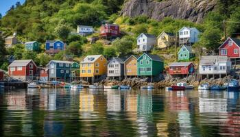 idyllisch Angeln Dorf spiegelt beschwingt Herbst Farben im still direkt am Wasser Szene generiert durch ai foto