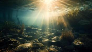 unter Wasser Abenteuer Fisch, Riff, und Sonnenlicht im tropisch Klima generiert durch ai foto