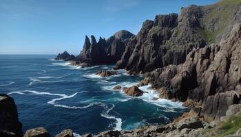 majestätisch Cliff, erodiert Felsen Formation, Rau Gewässer, Schönheit im Natur generiert durch ai foto
