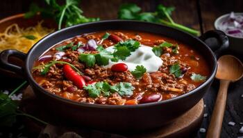 hausgemacht Rindfleisch Eintopf mit frisch Gemüse, serviert mit Brot generiert durch ai foto