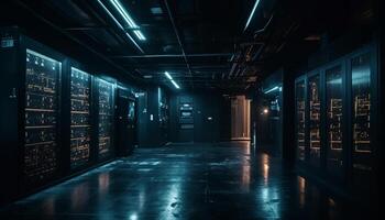 futuristisch Technologie leuchtet dunkel Lagerhaus, Daten Verbindung im ein Reihe generiert durch ai foto