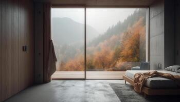 modern Wohnung mit elegant Design, mit Blick auf still Wald Landschaft generiert durch ai foto