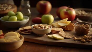 gesund Snack Schüssel Apfel, Mandel, Nussbaum, Pekannuss, Honig, Granola generiert durch ai foto