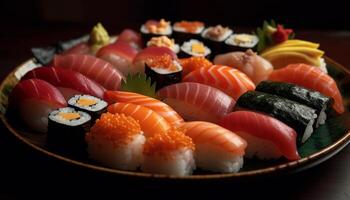 frisch Meeresfrüchte Mahlzeit Sushi, sashimi, und maki mit Avocado und nori generiert durch ai foto