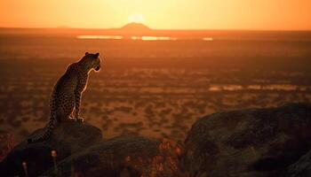Gepard Sitzung im Gras, Aufpassen Sonnenuntergang auf afrikanisch Savanne generiert durch ai foto