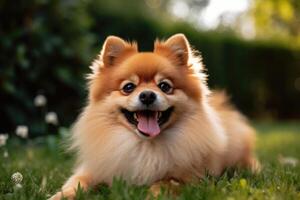 schön pommerschen Hund Lügen auf Grün Gras im das Garten ai generiert foto