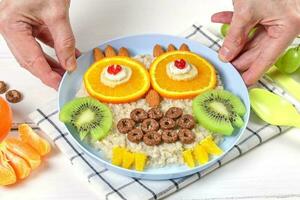 komisch Eule Haferflocken gemacht von Früchte und Nüsse, Essen Idee zum Kinder. kreativ Idee zum Kinder Frühstück foto