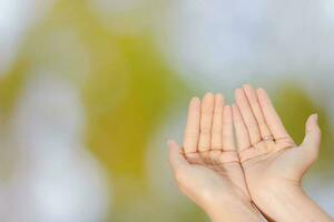 Nahansicht von Frau öffnen zwei leeren Hände mit Palmen oben zum beten zu Gott und Segen auf Grün verwischen Hintergrund foto