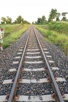 Nahaufnahme der Stahlstange der Eisenbahnschienen foto