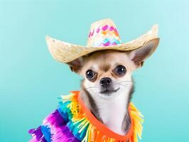 Chihuahua Hund mit Mexikaner Sombrero Hut. cinco de Mayo Mode. ai generiert foto