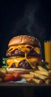 Nahansicht von köstlich Hamburger mit köstlich Zutaten. ai generiert foto