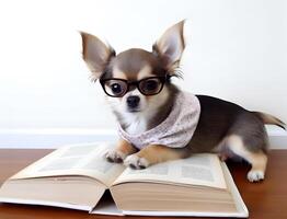 süß Chihuahua Hündchen mit Buch Über Bettzeit Geschichten. ai generiert foto