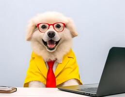 lächelnd Labrador Retriever Hund mit Brille. Konzept von hart arbeitend Haustier. ai generiert foto