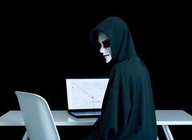 anonym Hacker mit Laptop. Konzept, ai generiertt von hacken Internet-Sicherheit, Cyberkriminalität, Cyber Attacke, usw. foto