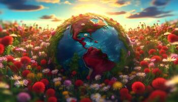Planet Erde mit Blumen Bett. Konzept von Erde Tag, Umwelt Tag oder National Blume tag.ai generiert foto