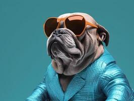 Stier Hund mit modisch Dressing, tragen Brillen.ai generiert foto