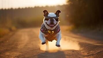 Laufen Bulldogge auf das staubig Straße beim schön Sonnenuntergang. foto