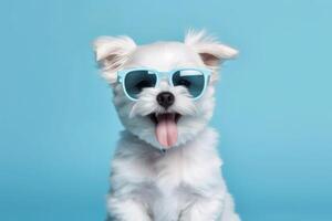 glücklich Hündchen Hund Porträt tragen Sommer- Sonnenbrille und suchen beim Kamera isoliert auf Blau Gradient Studio Hintergrund. ai generiert foto